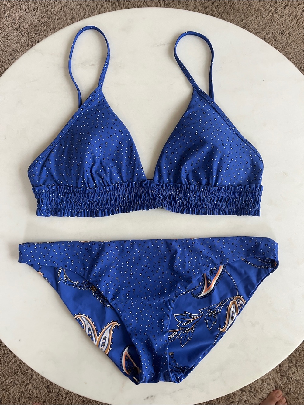 Bikini Set, Medium, Blue, Gold, Dot, Paisley, Reversible Bottoms, Low-Rise